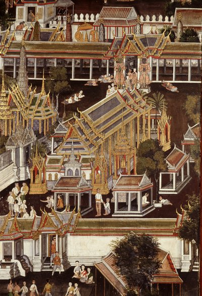 Detail eines Wandgemäldes, das den Tempel des Smaragd-Buddha darstellt von Thai School